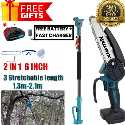 Kalvrix Apex Pro – Cordless 2-in-1 Telescopic Chainsaw (6”) with Free Battery & Charger