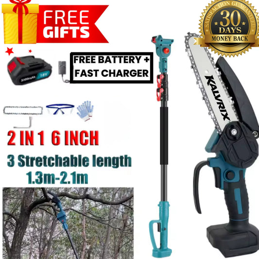 Kalvrix Apex Pro – Cordless 2-in-1 Telescopic Chainsaw (6”) with Free Battery & Charger